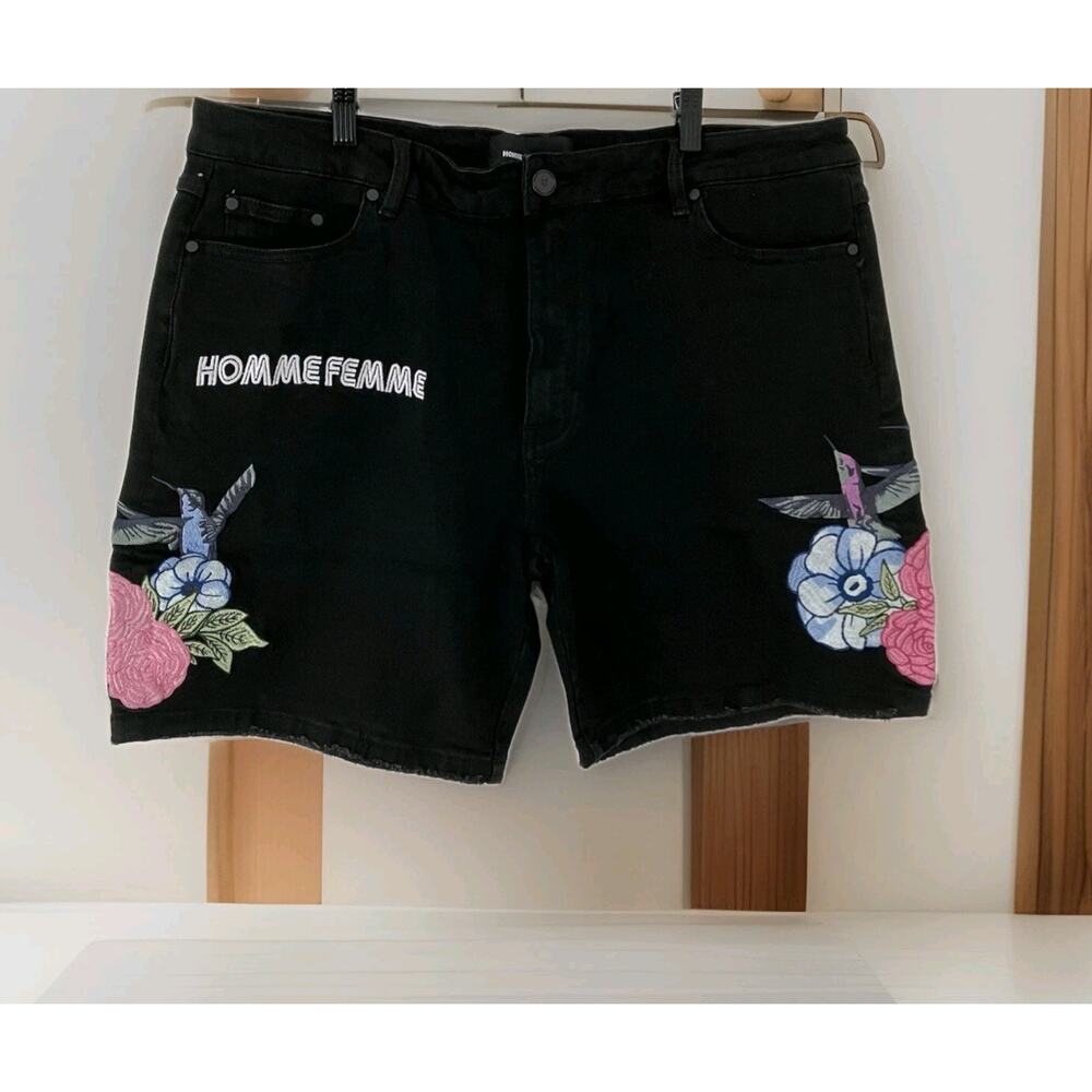 Homme Femme Paradise Humming Bird Black Denim Embroidered Short Nowt